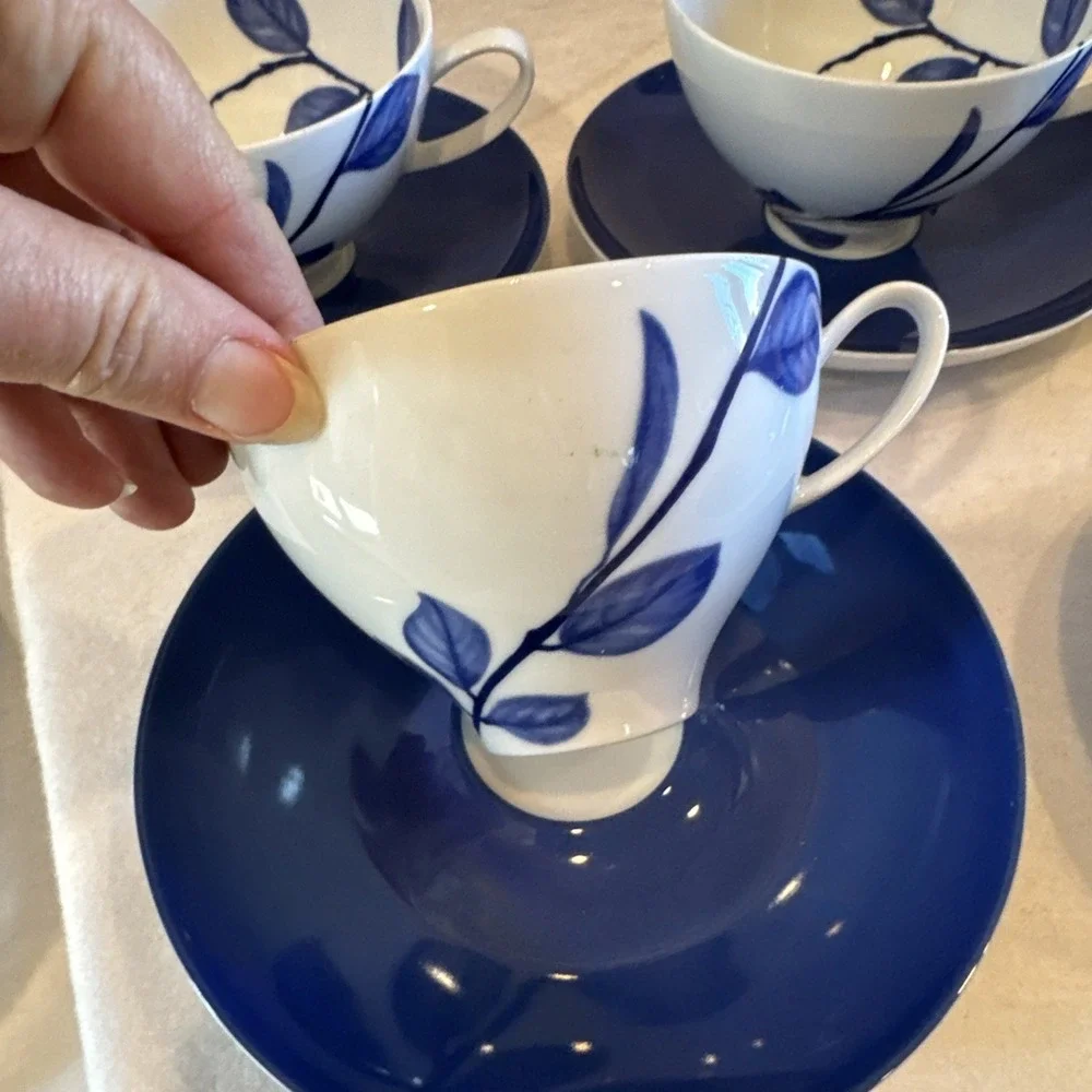 Set Of 5 Mikasa True Blue SL130 Coffee‎ / Tea Cup & Saucer 10 Ou Cobalt Leaf